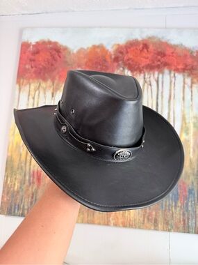 Women's Black Leather Western Hat with Concho Band